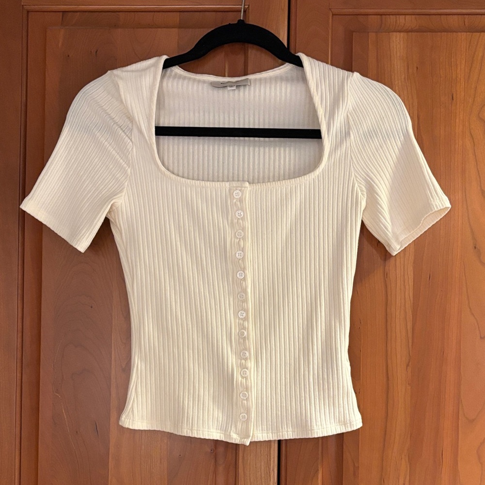 Cream Ribbed Button-Up Top